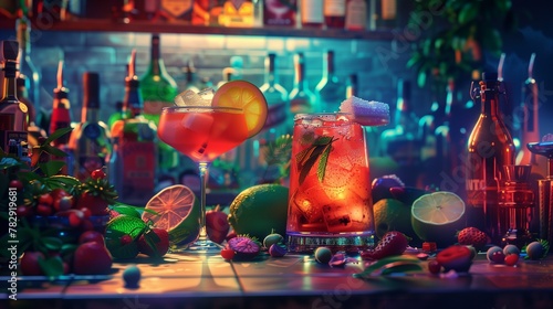 AI generated illustration of variety of drinks with fruits and bottles on a bar counter
