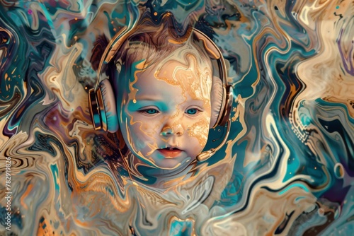white baby with headphones on photo