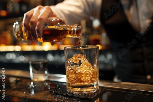 AI generated illustration of a man pours whiskey into glass at bar counter