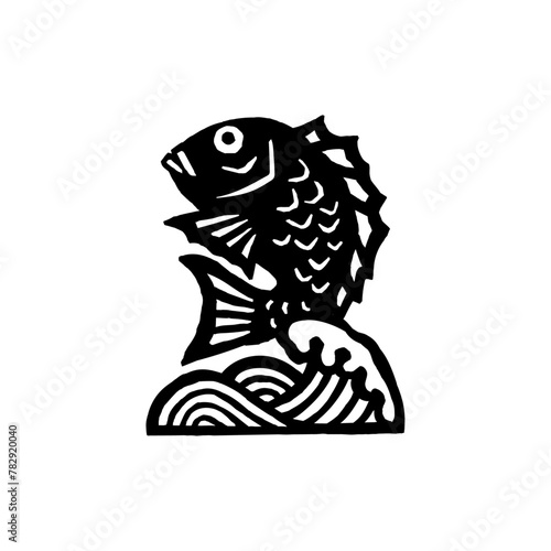 fish, sea bream, wave, Japanese style vector symbol illustration