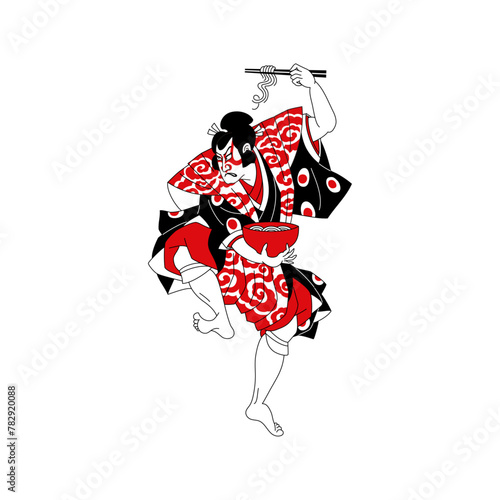 kabuki, Samurai eating noodles, Japanese Ukiyoe style, vector illustration