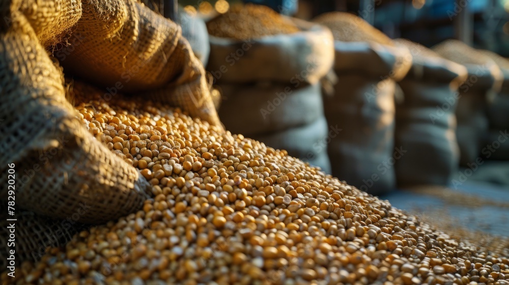 Golden soybeans pouring from hessian sacks Golden soybeans pouring from hessian sacks