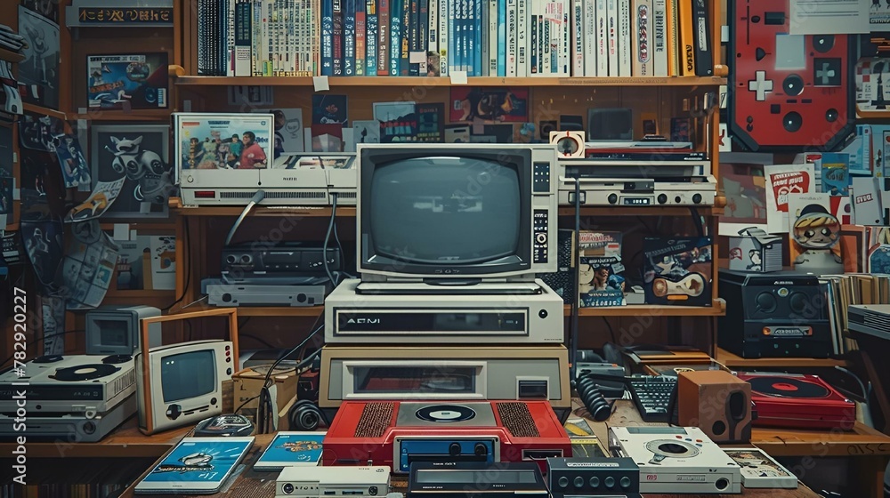 a room filled with old tech equipment and bookshelves - obrazy, fototapety, plakaty 