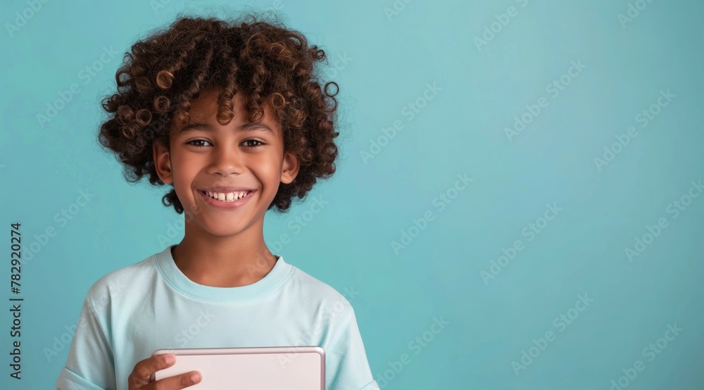 photo of Curly latino boy o pastel blue background holding tablet smiling with toothy smile copyspace to the right photo of Curly latino boy o pastel blue background holding tablet smiling with toothy smile copyspace to the right