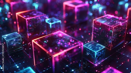 A modern illustration of realistic 3d cubes and neon parts composed over a dark space background. The illustration has a cyberspace theme, a high tech futuristic style and a Blockchain concept.