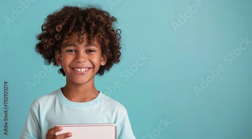 photo of Curly latino boy o pastel blue background holding tablet smiling with toothy smile copyspace to the right © NickArt