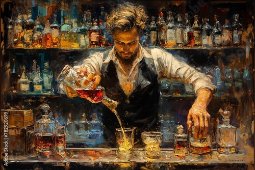 AI generated illustration of a bartender pouring cocktails into glasses on the bar counter