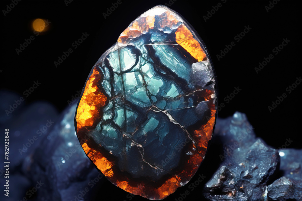 Fototapeta premium Coesite fossil mineral stone. Geological crystalline fossil. Dark background close-up.