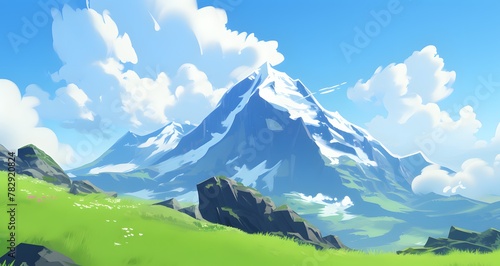 AI generated illustration of snow-covered peaks contrast with a lush green valley below