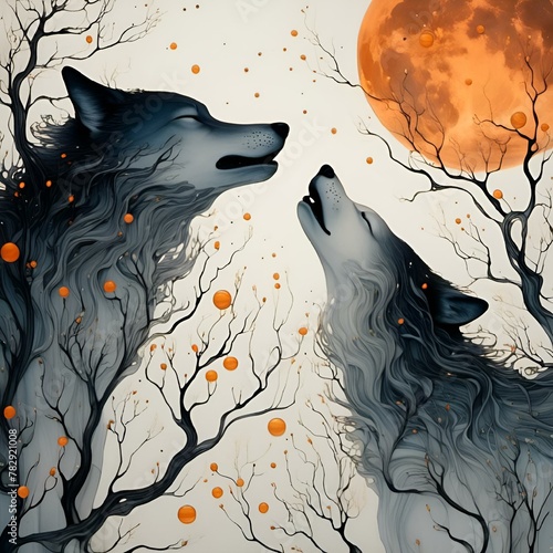 two grey wolfs in front of a full moon on a cloudy day photo