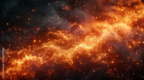 In 4K, fiery orange glowing particles fly away from a large fire in the night sky. A beautiful abstract background on the theme of fire, light and life.