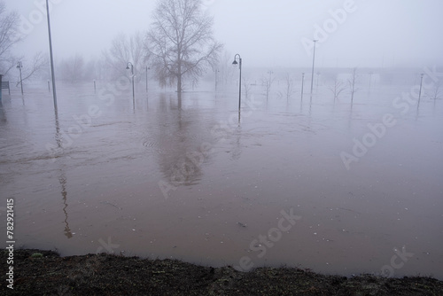 12.04.2024, Russia, Orenburg. The embankment of the Ural River in the city of Orenburg, during the flood, after the spill of the dam in Orsk.