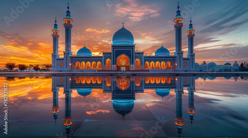Mosque reflection at sunset with vibrant sky