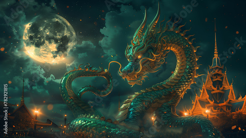 Mystical Naga Dragon Guarding Temple under Moonlight
