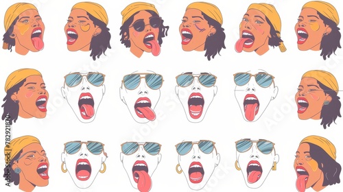 Animation set of female character mouth sync pronunciation with tongue and teeth movement throughout. Hippie lady articulation template with emotion expression.