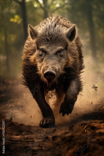 wild boar running through the forest with dust behind