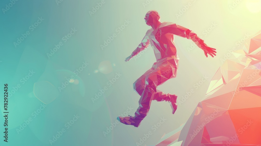 A futuristic graphic of a polygon man jumping