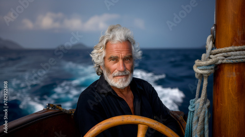 AI generated illustration of a mature man with gray hair steering a boat