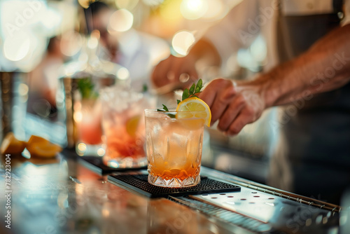 AI generated illustration of A bartender creates vibrant cocktails with stirrers in a busy bar