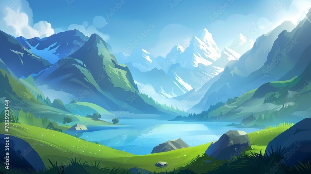 This abstract morning alps wallpaper features a mountain lake modern nature landscape background with blue horizon and sea scenery. A beautiful travel panorama illustration shows long grass river