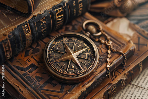 Bronze Masonic compass and square emblem set against a backdrop of aged leather-bound books and parchment scrolls.