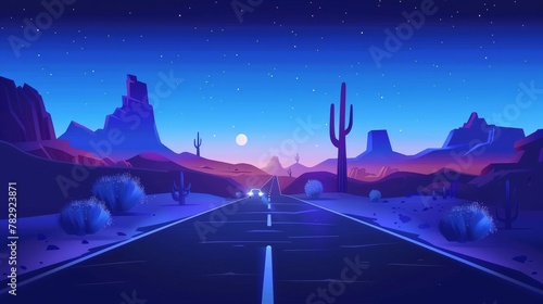 A desert road landscape with car and cactus. Western route scene in canyon. Headlight on asphalt highway side view. Drought rock illustration.