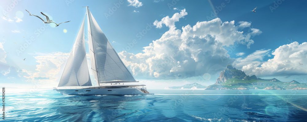 A modern, elegant yacht sailing gracefully on a shimmering sea, surrounded by a serene ambiance of distant islands and soaring seagulls.