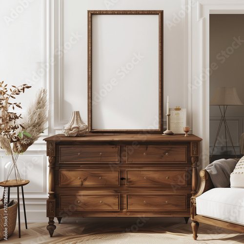 Mockup frame on a wooden chest of drawers in the living room.3d render.