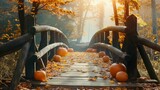 wooden bridge in the park in autumn with pumpkins. 