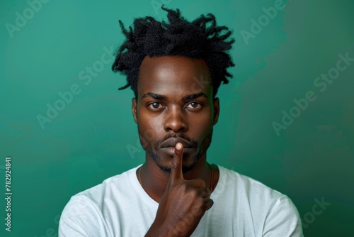 Portrait of African American man with finger on lips, shush gesture over green background,. photo
