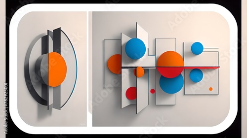AI generated illustration of a triptych of abstract paintings with geometric shapes and lines © Wirestock