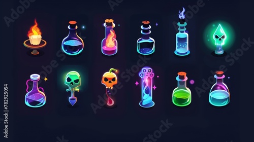 Set of magic game potion bottles cartoon icons. Ui modern illustration of medicine flask and poison. Magic alchemy glow object with skull 2d gui elements.