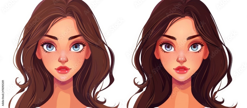 A female model showcasing different poses displaying long brown hair and captivating blue eyes A female model showcasing different poses displaying long brown hair and captivating blue eyes