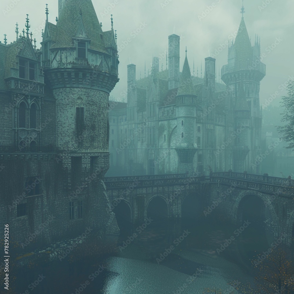 AI-generated illustration of a castle by the river in fog