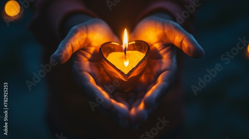 hands holding heart shaped candle. 