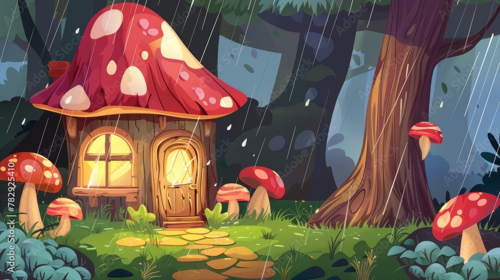 In a forest, a fairy wooden house with mushrooms is surrounded by rain. A cute tiny fantasy home with light in the windows and door is seen. A cartoon summer landscape with gnome or elf wood hut can
