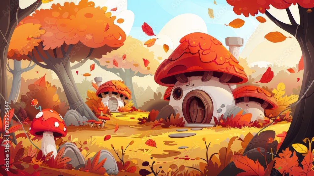 Imaginative autumn forest with magic tiny house for gnomes or elves adorned with mushrooms. Cartoon fall season modern illustration of fantasy scenery for little folk.