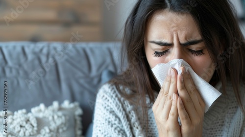Sick woman blowing her nose into a tissue in the bedroom at home.