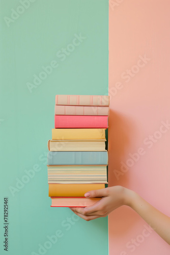 
Close Up of woman's hand holding stack with books in pastel blue and pink color background, space for text, copy space. Book club, literature, library, bookstore, fiction, reading photo