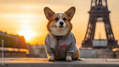 corgi which wear jeans and clothes travel in paris photo