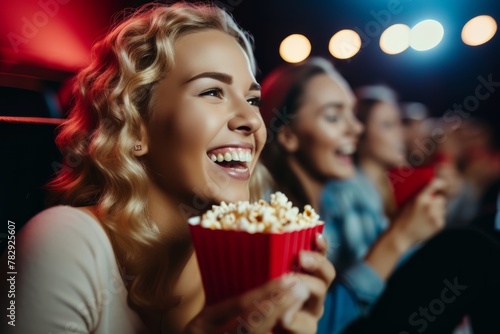 Excited blond women eating popcorn emotionaly in cinema near other viewer, natural light