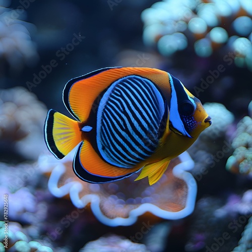 AI generated illustration of an Imperial Angel fish with blue fins swimming near vibrant corals photo