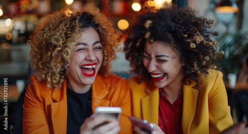 Two businesswomen working in the office with smartphone and laughing.