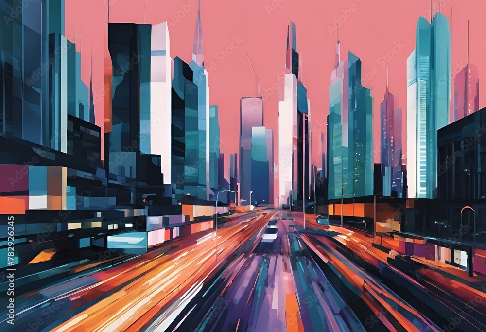 AI generated illustration of an urban cityscape with illuminated city lights during twilight - obrazy, fototapety, plakaty 
