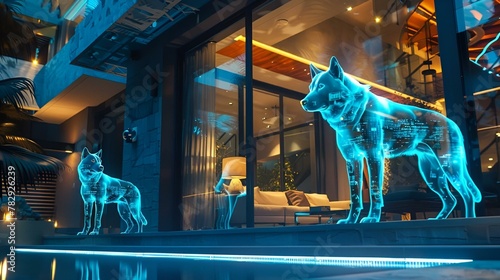 AI generated illustration of futuristic dogs in the entrance of the building