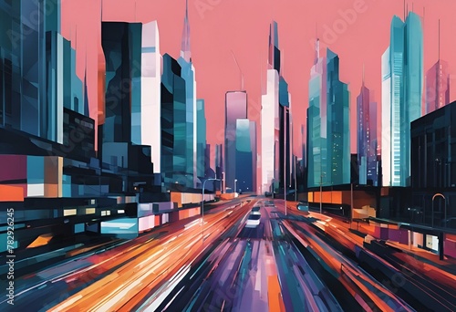 AI generated illustration of an urban cityscape with illuminated city lights during twilight