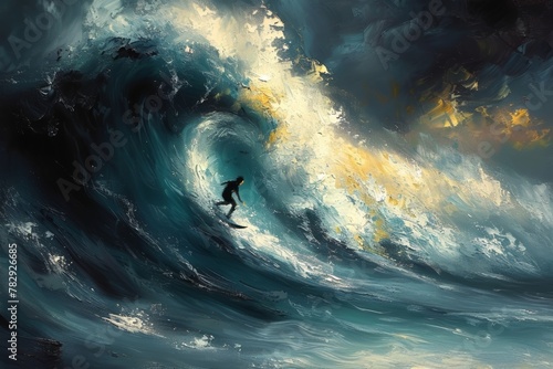 oil painting, a person riding a ocean wave
