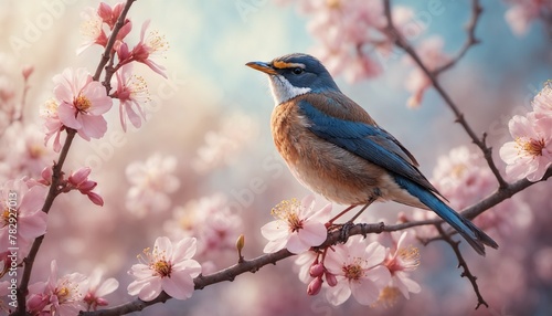a bird sits on top of a branch with blossoms on it © Wirestock