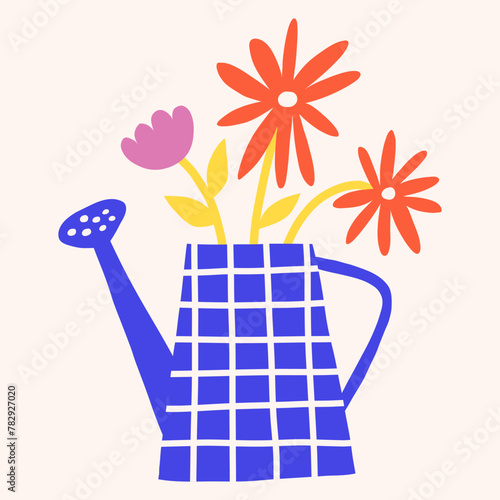 Bright flowers bouquet in watering can. Trendy groovy floral illustration. Flat botanical elements
