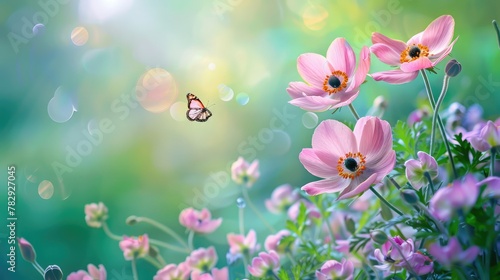 Beautiful pink flower anemones fresh spring morning on nature and fluttering butterfly on soft green background, macro. Spring template, elegant amazing artistic image, free space. © Anayat